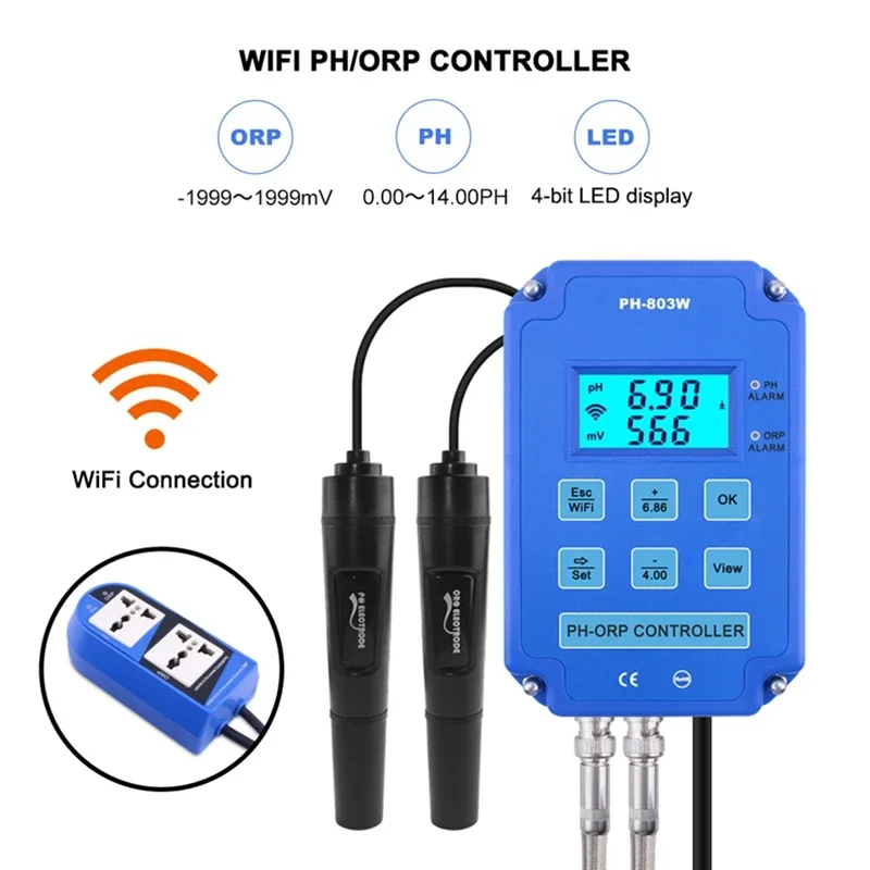 

PH ORP Controller Digital Display Water Acid-base Redox Quality Monitor for Hydroponics Pool Aquarium BNC Electrode Backlit