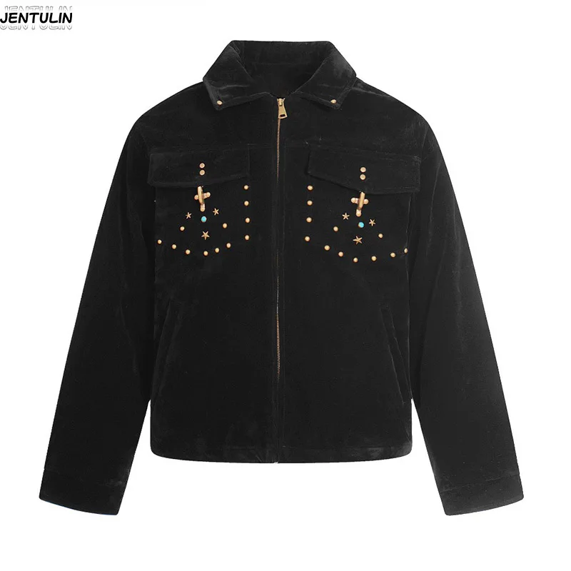 American Retro Niche Irregular High Street Design Jacket With Rivets Y2k Turquoise Decoration For Summer Unisex Clothing Coat