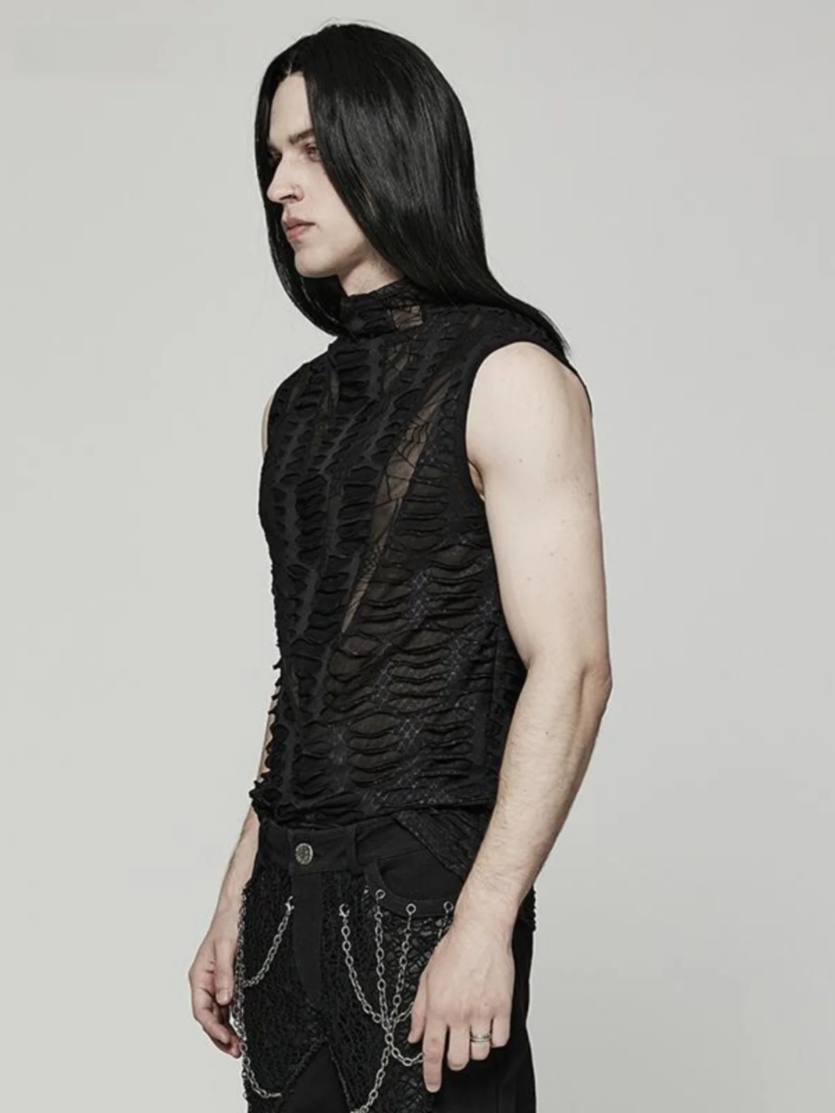 Gothic Style Black Hollow out Design Sleeveless Vest Rebellion Destruction Punk Fashion Urban Youth Casual Zipper Closure Vest