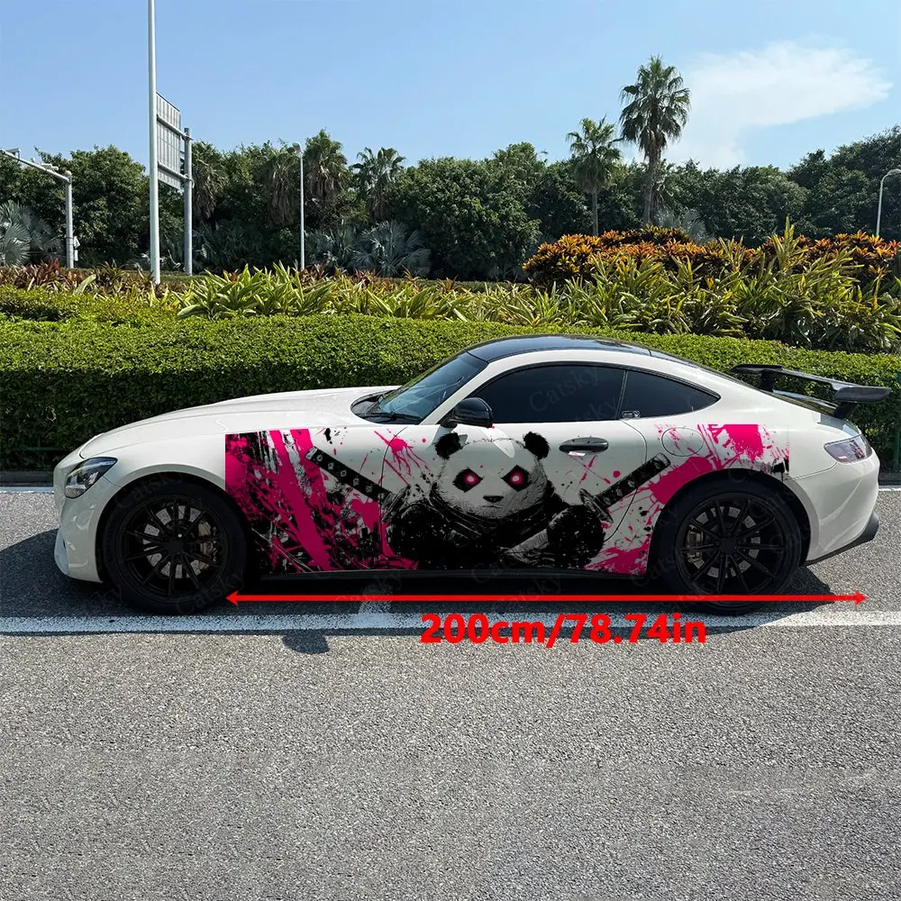 2pcs Edgy Pink & Black Ninja Panda Car Side Wraps, Self-Adhesive PVC Waterproof & Scratch-Resistant Stickers, Car Accessory Gift