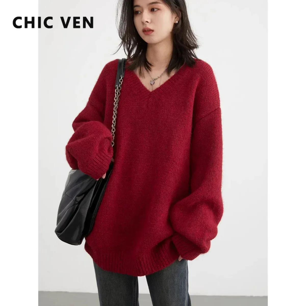 CHIC VEN Women Sweaters Solid Loose Pullovers New V-neck Knitwear Knitted Jumpers Female Top Fashion Woman Autumn Winter 2024