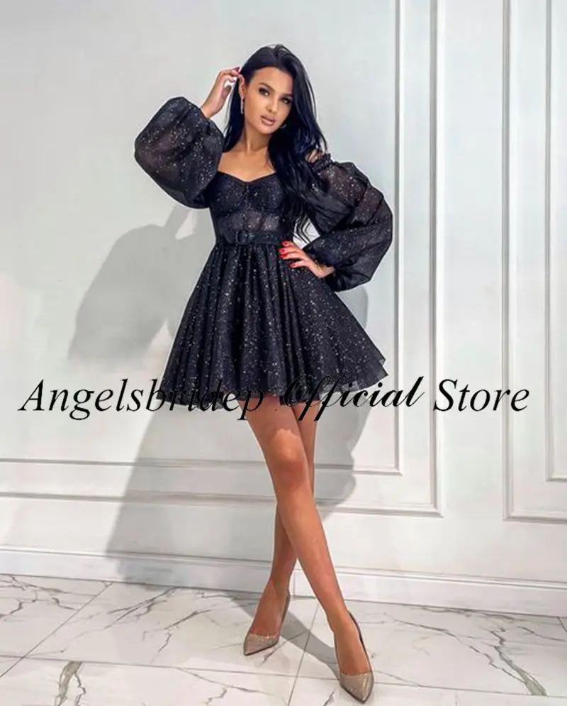 Angelsbridep Black Short Homecoming Dresses Glitter Tulle Mini Party Prom GownsSkirt Gothic Graduation Outfits Vestidos De Gala