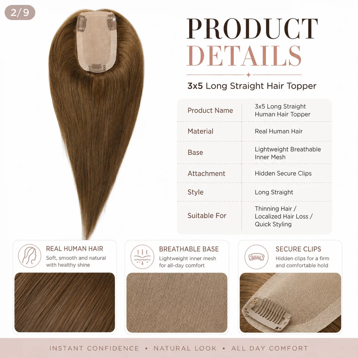 3x5 Inch Full Silk Base Hair Toppers for Women 12-18 Inch 130% Density Real Human Hair Pieces Natural Look Hair Extensions