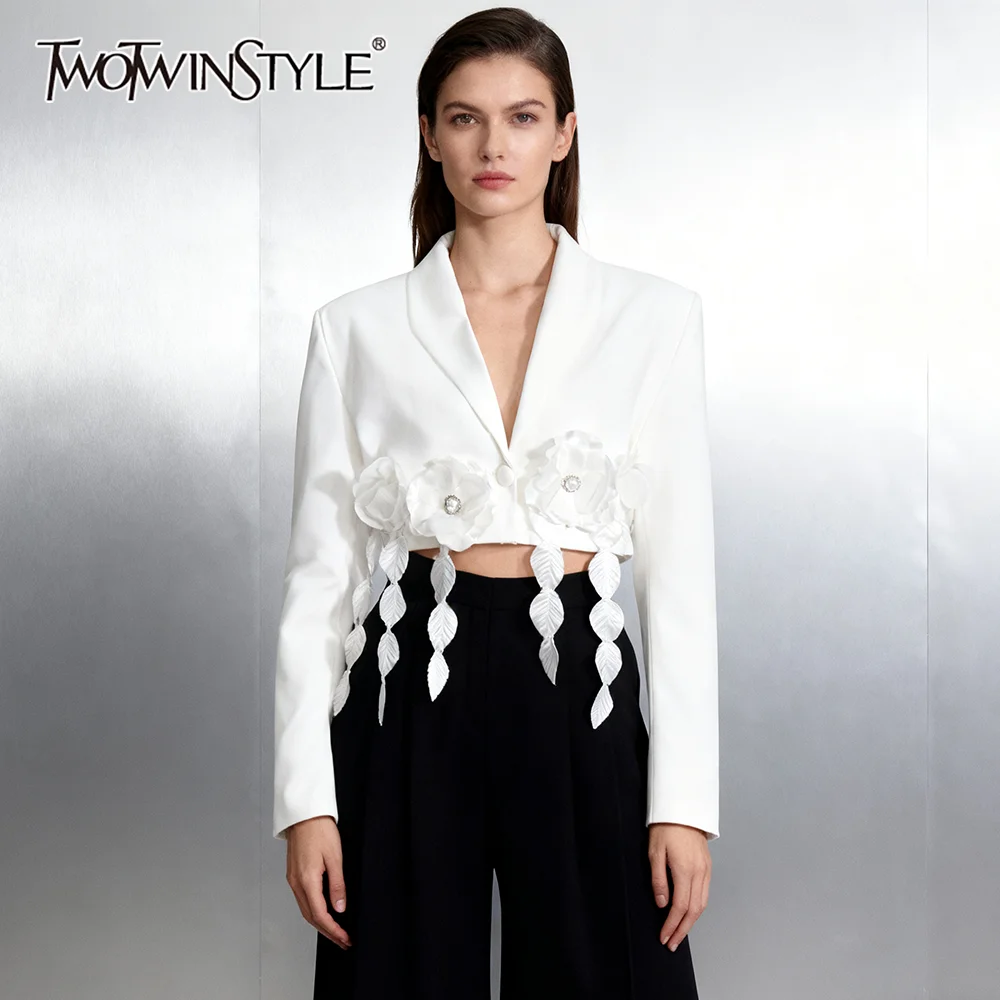 

TWOTWINSTYLE Solid Spliced 3D Flower Fashion Short Blazers for Women Lapel Long Sleeves Temperament Blazer Female Clothing New