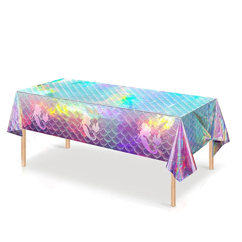 Laser Mermaid Birthday Table cloth Disposable 274×134cm Mermaid TableCover Under the Sea Theme 1st Birthday Party Decoration view 4