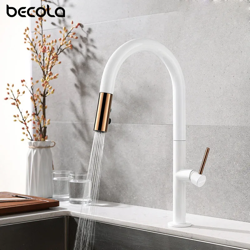 Newly Arrived Pull Out Kitchen Faucet Rose Gold and White Sink Mixer Tap 360 Degree Rotation Kitchen Mixer Taps Kitchen Tap