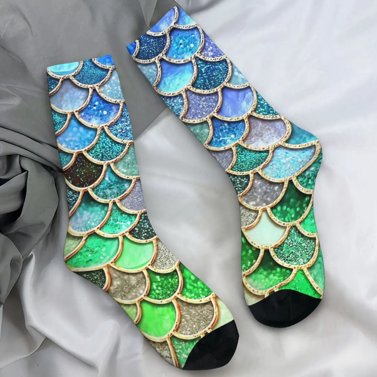 

Green And Blue Sparkle Faux Glitter Mermaid Scales Socks Gothic Stockings Men Warm Soft Running Socks Winter Non-Slip Socks