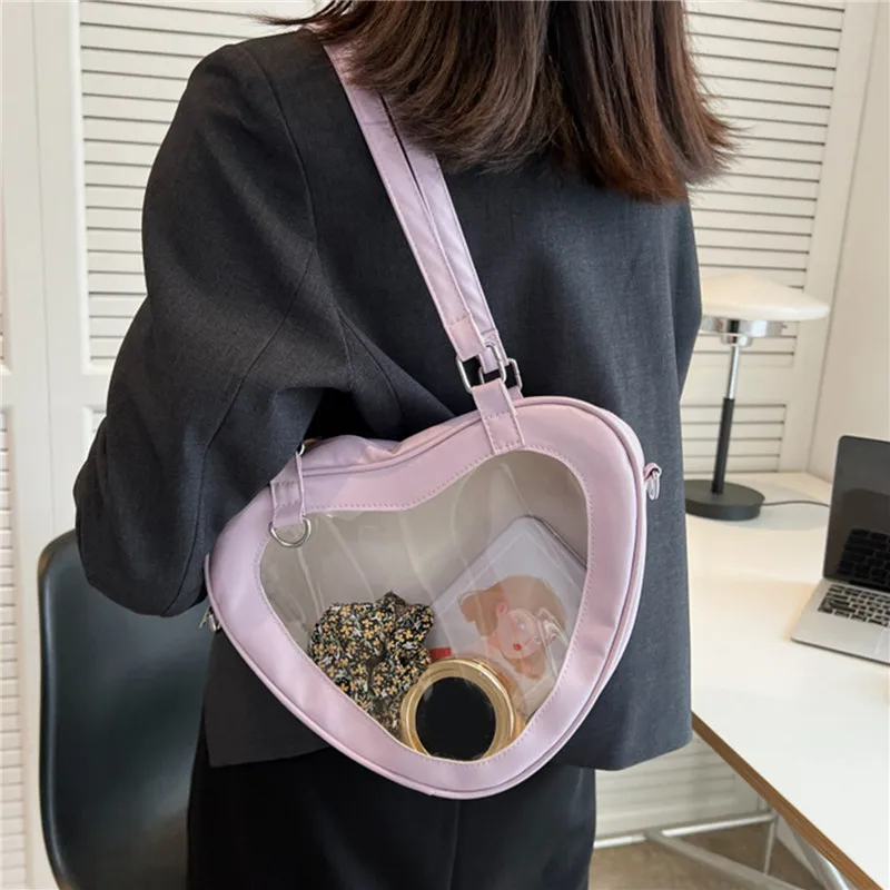 Fashion Women Love Heart Shaped Transparent Shoulder Bag PVC Clear Lady Girls Underarm Casual Daily Travel Handbag Totes Purse