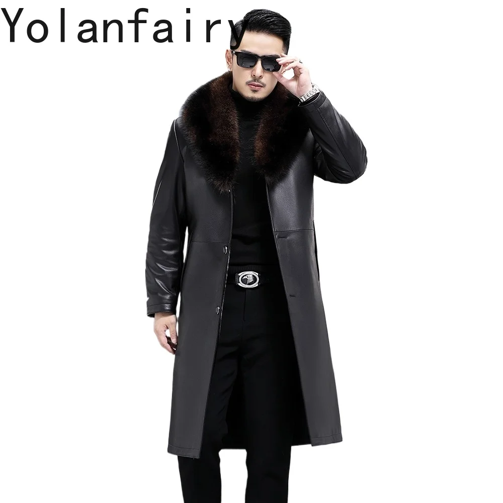 YOLANFAIRY Real Cowhide Genuine Leather Jacket Men Winter Whole Mink Fur Liner Coat Man Warm Long Leather Trench Coats Chaquetas