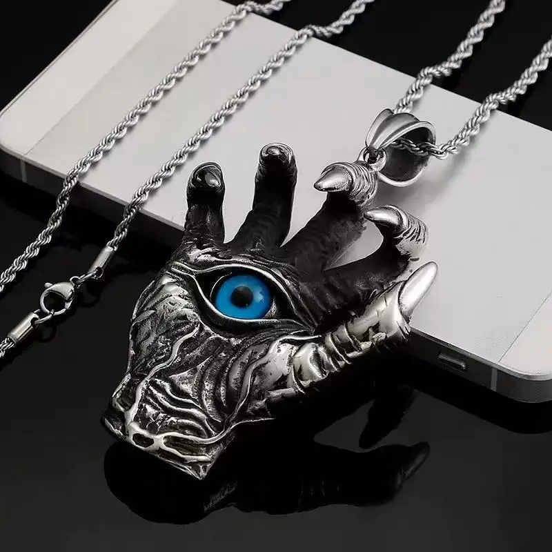 Evil Hand Necklace, Gothic Eye Pendant, Vintage Punk Jewelry, Dark Occult Symbol, Stainless Steel Chain, Gift for Men & Women