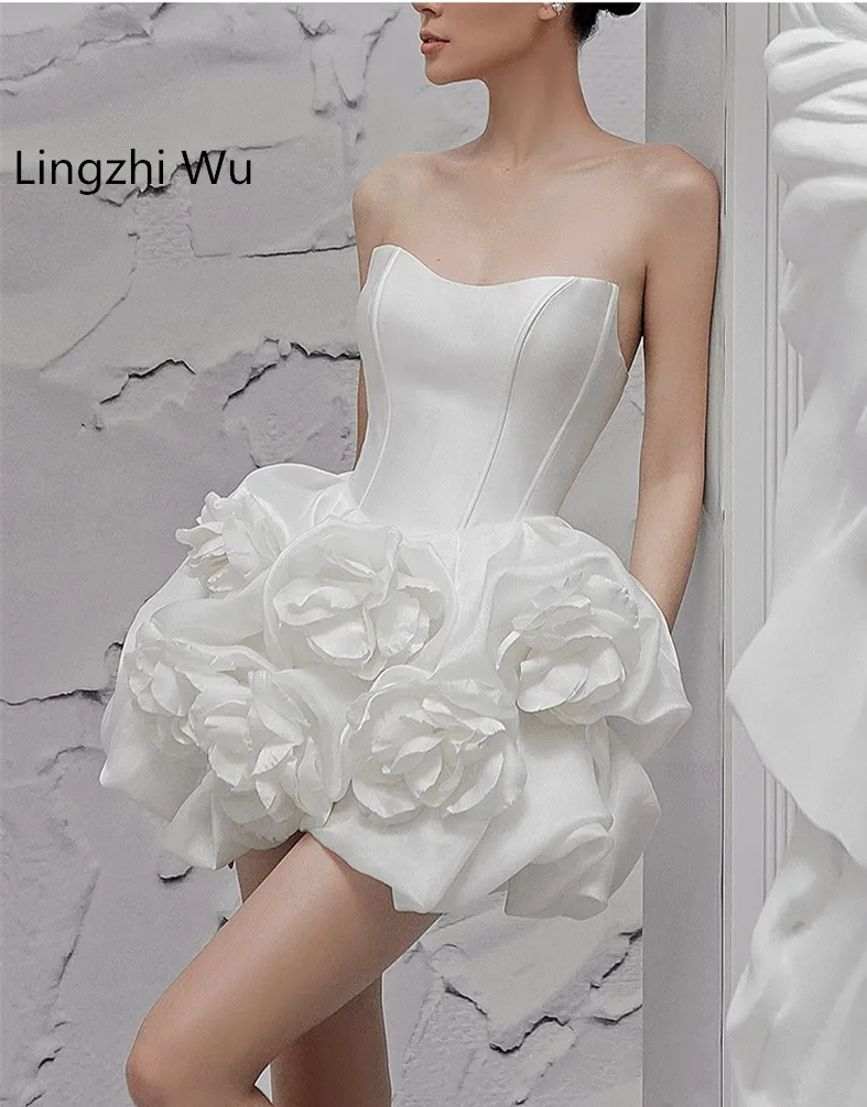 Lingzhi Wu-Strapless Dress for Ladies, Three-Dimensional Flower Ball Gown, Formal Dresses, White Ballet, Vietnam Design