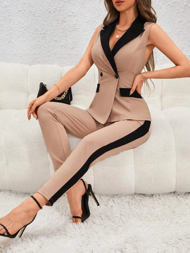 

Plus Size Elegant Sleeveless Business Two-Piece Set Single Breasted V-Neck Slim Fit Top Shirts Side Stitching Cropped Pants Sets