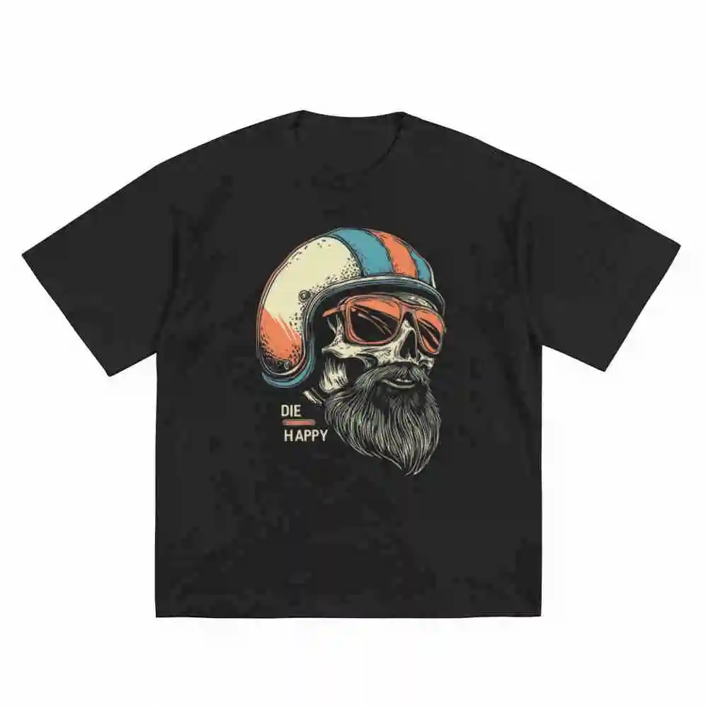 Motorcycle Skull Helmet Beard Biker Die Happy Short Sleeve Tee 100% Cotton T-Shirt