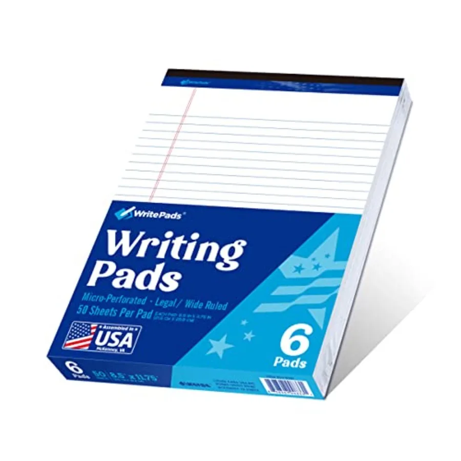 

Legal Note Pads Wide Ruled 8.5" x 11" Writing Pads 50 Sheets/Pad White Recycled Paper Micro-Perforated Notepad Hard Back Notepa