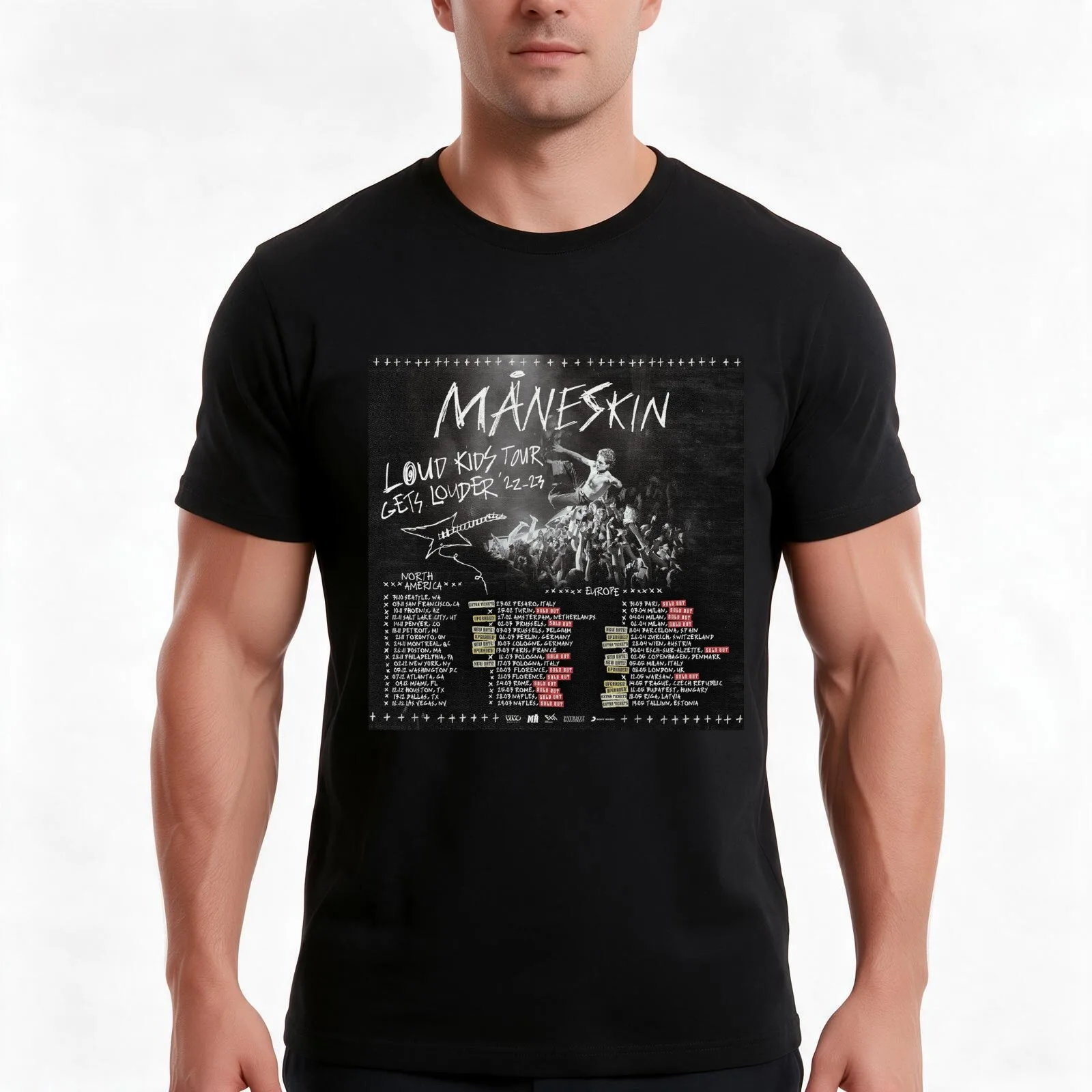Loud kids tour gets louder m?neskin T-Shirt, Summer Casual Cotton Tee, Oversized Streetwear Tops, Vintage Graphic Print