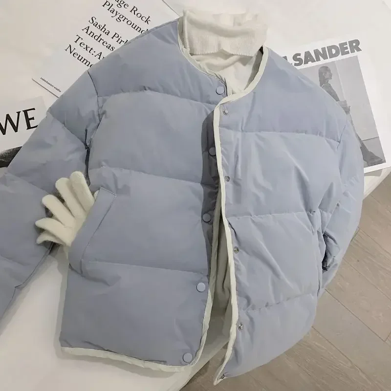 Vintage Blue Parkas Women Korean Fashion Casual Cotton Padded Coat Female Autumn Winter Single Breasted Oversized Thin Outerwear