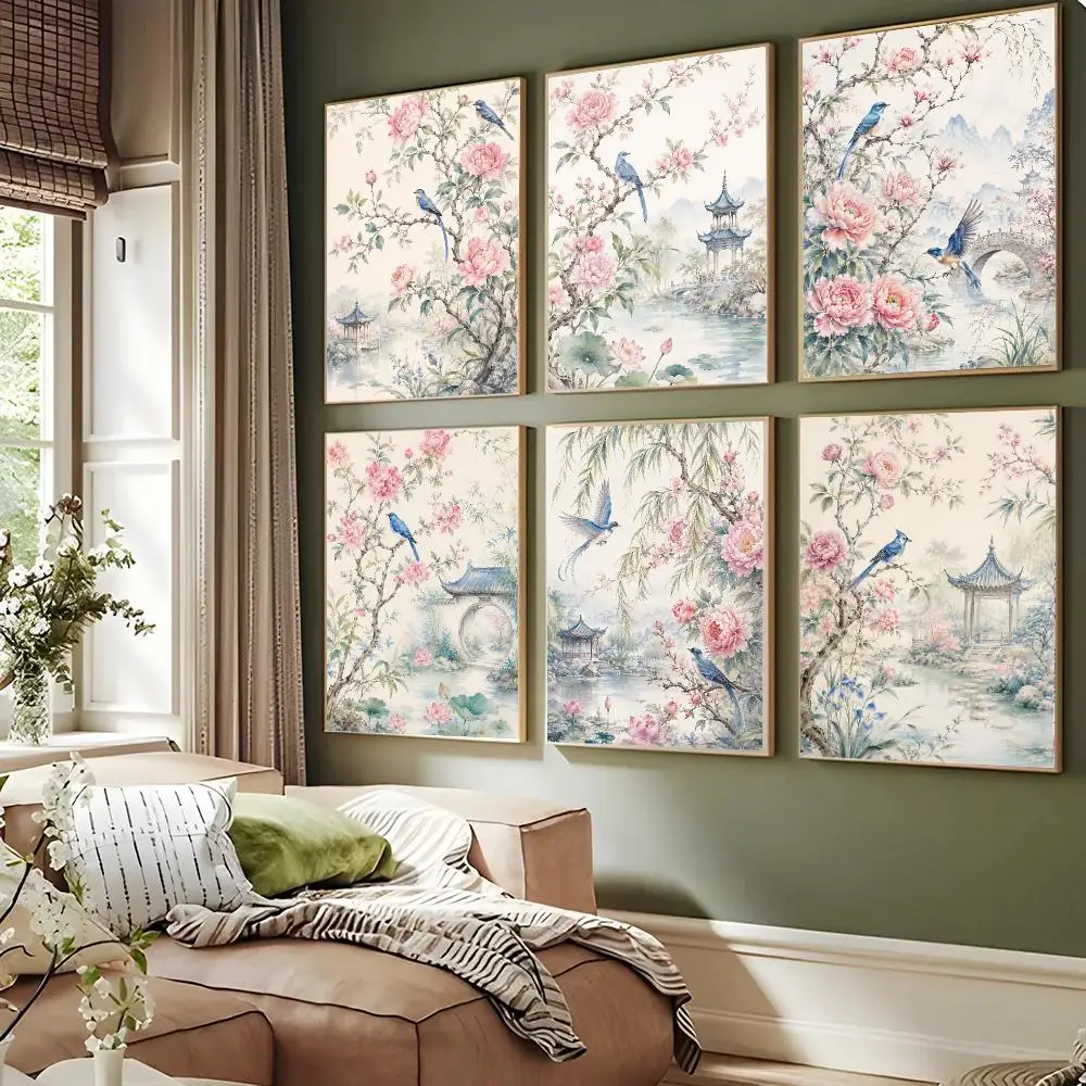 Chinoiserie Blossom Birds Poster Wall Decor Self-Adhesive Aesthetic Modern Vibe Stylish Gift Friends Using Living Room Bedroom