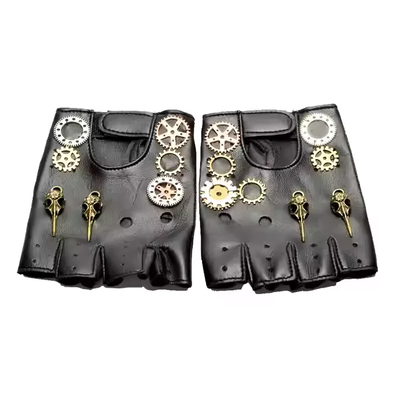 Steampunk PU Leather Fingerless Compass Gloves Men Women Fashion Hip Hop Punk Gloves Half Finger Gloves