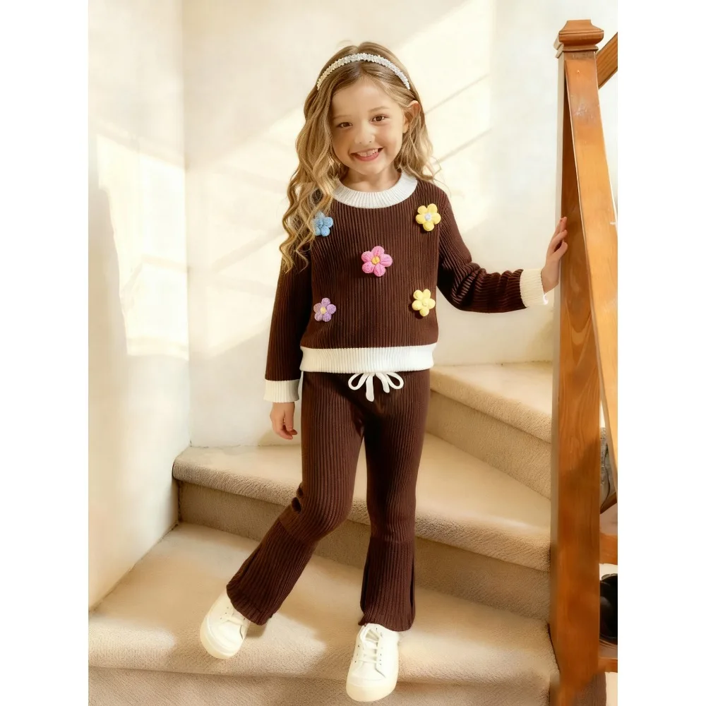 Fall Winter Stylish Girls Two Piece Set Dark Brown Knitwear White Neckline + Trousers Toddler Daily Wear 2-11Y