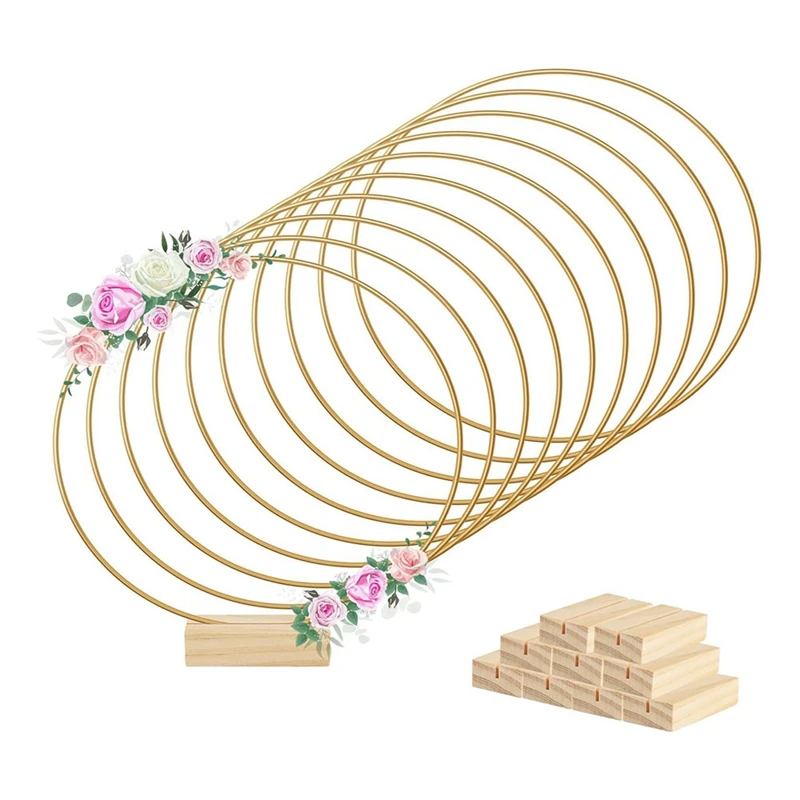 8 Inch Metal Floral Ring Centerpiece Strips Wooden Stands For Table Decoration DIY Decorative Wall Hanging