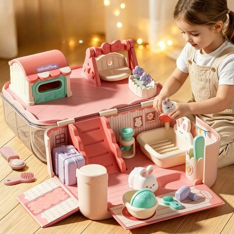 Kawaii Childrens Girl Toys Magnetic Playhouse Family Rabbit Princess Doll Miniature Doll House Furniture for Kids Birthday Gift
