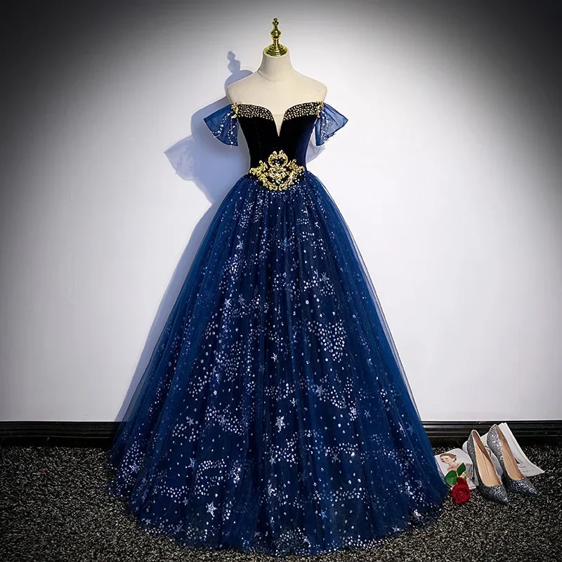 

Blue French Evening Dress for Women New Host Voice Solo Vocal Art Exam Long Style Temperament Performance Dress 2025