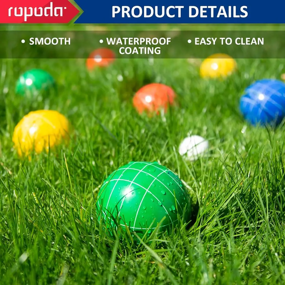 Zestaw do bocce ropoda 100 mm, rozmiar i waga oficjalne, z 8 kulami bocce z żywicy, pallino 50 mm, torba do przenoszenia, sznur pomiarowy, ba