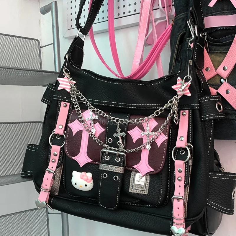 Gorąca dziewczyna torebka Sanrio Hello Kitty peryferia Gothic Punk Vintage różowe łańcuszki Crossbody torba na ramię Y2k modny prezent dla