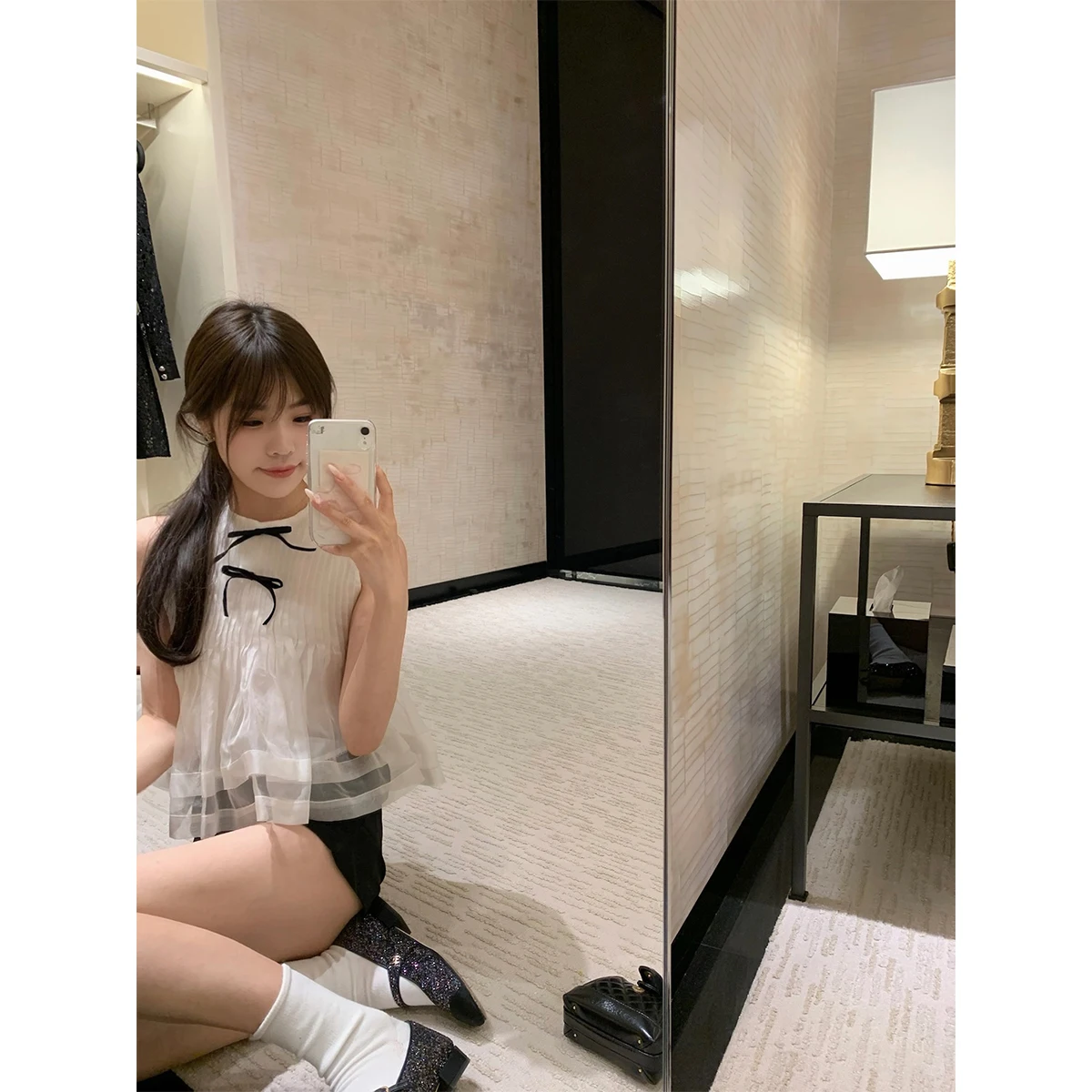 

Шелковый жоржетонный топ с узлом для девочек, милый летний модный женский жилет-блузка стандартной длины, 100% шелк...