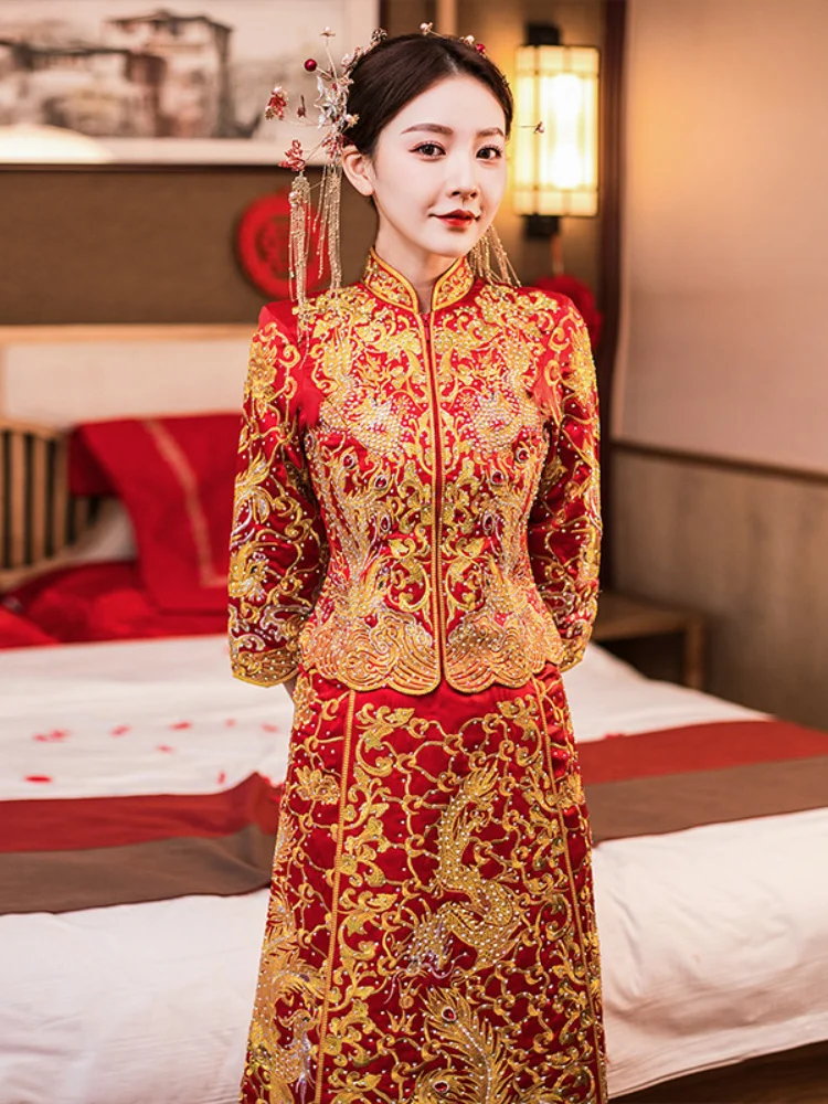 Gaun lurus Plus berlian lengan setengah gaun pengantin wanita mode Tiongkok gaun pengantin wanita merah Qipao