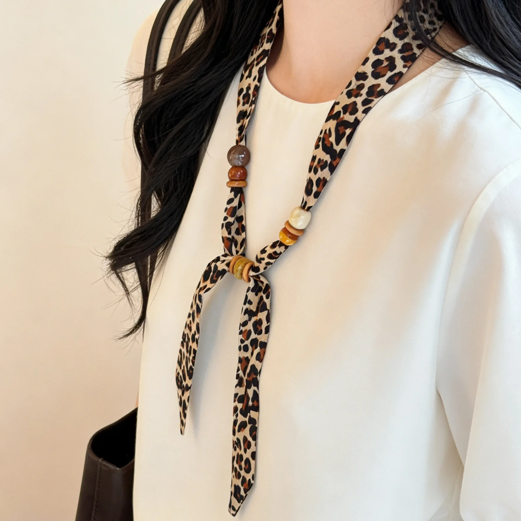 Polka Dot Beaded Silk Scarf Women Retro Leopard Printed Necklace Silk Scarves Adjustable Sweater Chain Fashion Accessories Gifts