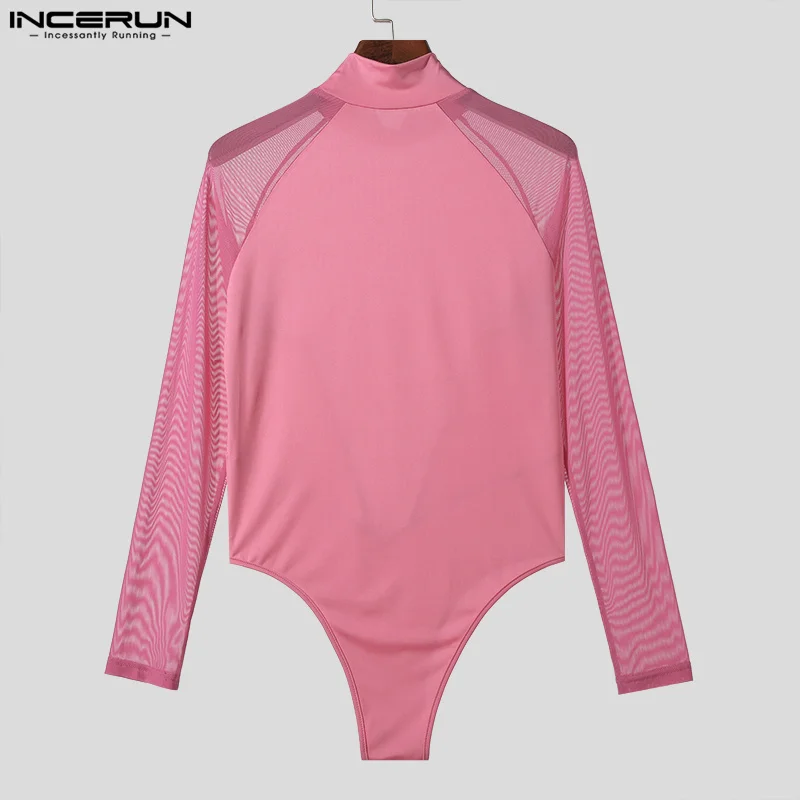 INCERUN 2023 Sexy Mens Homewear Mesh Splicing Perspective Jumpsuits Fashion Half High Neck Triangle Long Sleeved Bodysuits S-5XL