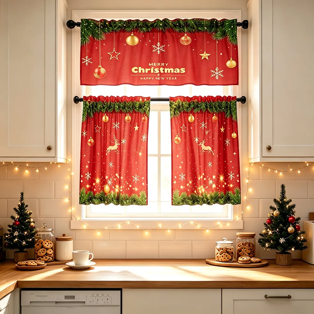 Christmas Print Kitchen Curtains, Rod Pocket, Polyester, Home Decor, Window Drapes, Bedroom Living Room, Bathroom