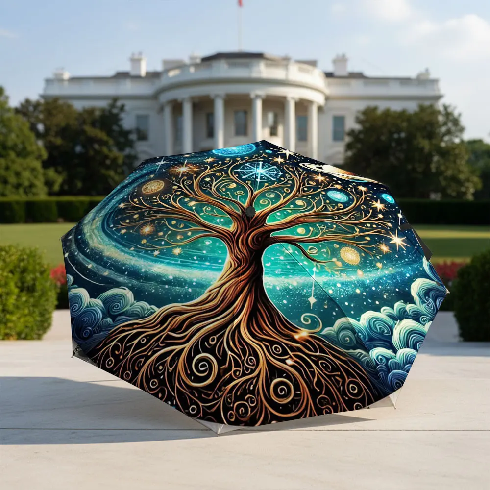 Mystical Cosmic Tree and Planets Umbrella Design Compact Fashion Folding Umbrella for Daily Use, Christmas Gift
