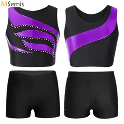 Kid Girls Ballet Dance Clothes senza maniche strass Patchwork Crop Top con pantaloncini tuta per allenamento ginnico di danza sportiva