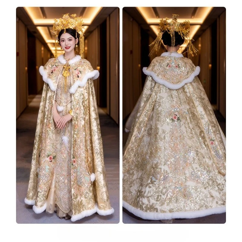 2026 جديد عباءة الزفاف الزفاف الصيني فينيكس تاج الفحم الشتاء سميكة المرأة عباءة جميلة كيب الشمبانيا Xiuhe عباءة #5