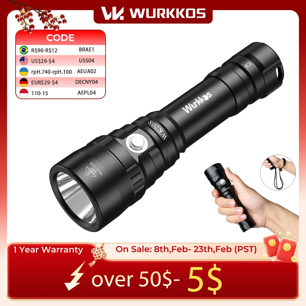 Wurkkos WK20S Mạnh Đèn Pin Lặn IPX8 Chống Nước Lặn Lặn Đèn Sạc Max 2000 Lumen SST40 HD LED 4 Chế Độ