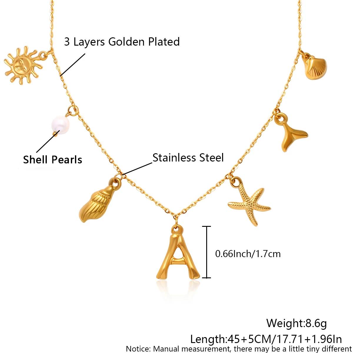MHS.SUN Stainless Steel Starfish Sea Shell Necklaces Women Waterproof 26 Initial Multi-Pendant Necklace Summer Beach Jewelry