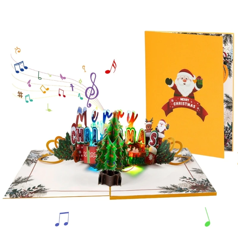 3D Christmas Tree Light Up Music Card Unique Foldable Holiday Greetings Card with Envelope Present for Family and Friend