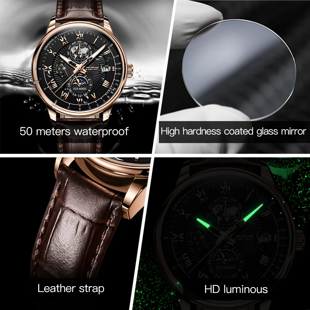 JSDUN Original Waterproof Leather Men Automatic Mechanical Watch Casual Business Wrist Watch Men Fashion Trend Watches for Men