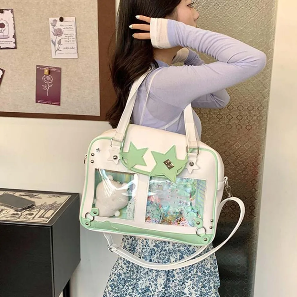 

Star Decoration Shoulder Ita Bag PU Leather Large Capacity Goth Transparent Pocket Japanese Style Waterproof