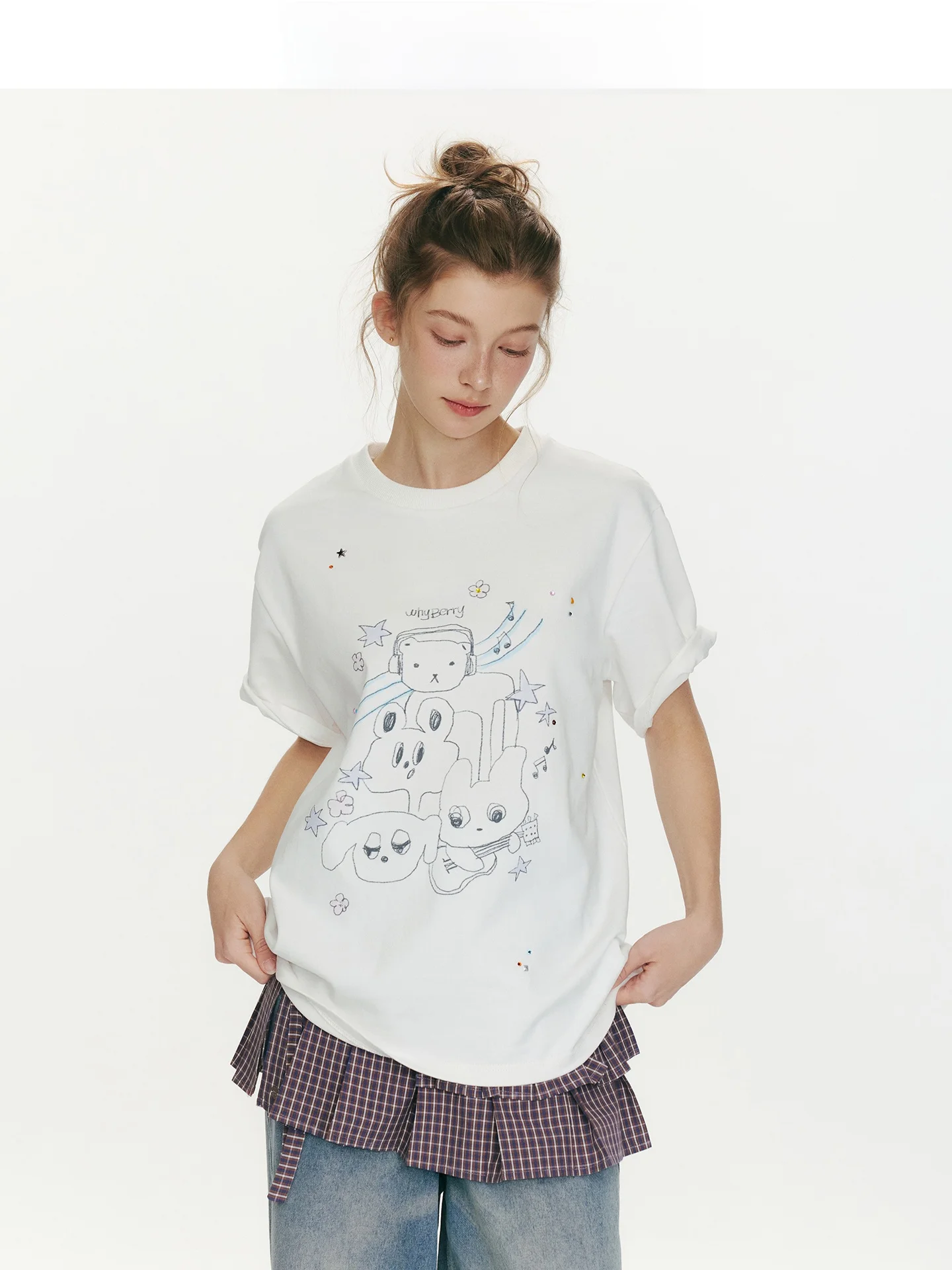 

Оригинальная женская футболка свободного кроя из чистого хлопка с коротким рукавом и принтом WhyBerry Cartoon Strawberry Musician, повседневный топ для женщин