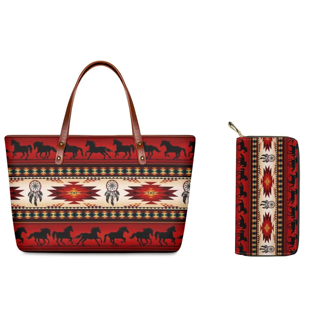 

FORUDESIGNS Tucson Horse Stripe Terracotta 2Pcs/Set Ladies Handbags Aztec Geometric Seamless Wallets Leather Tote Bags