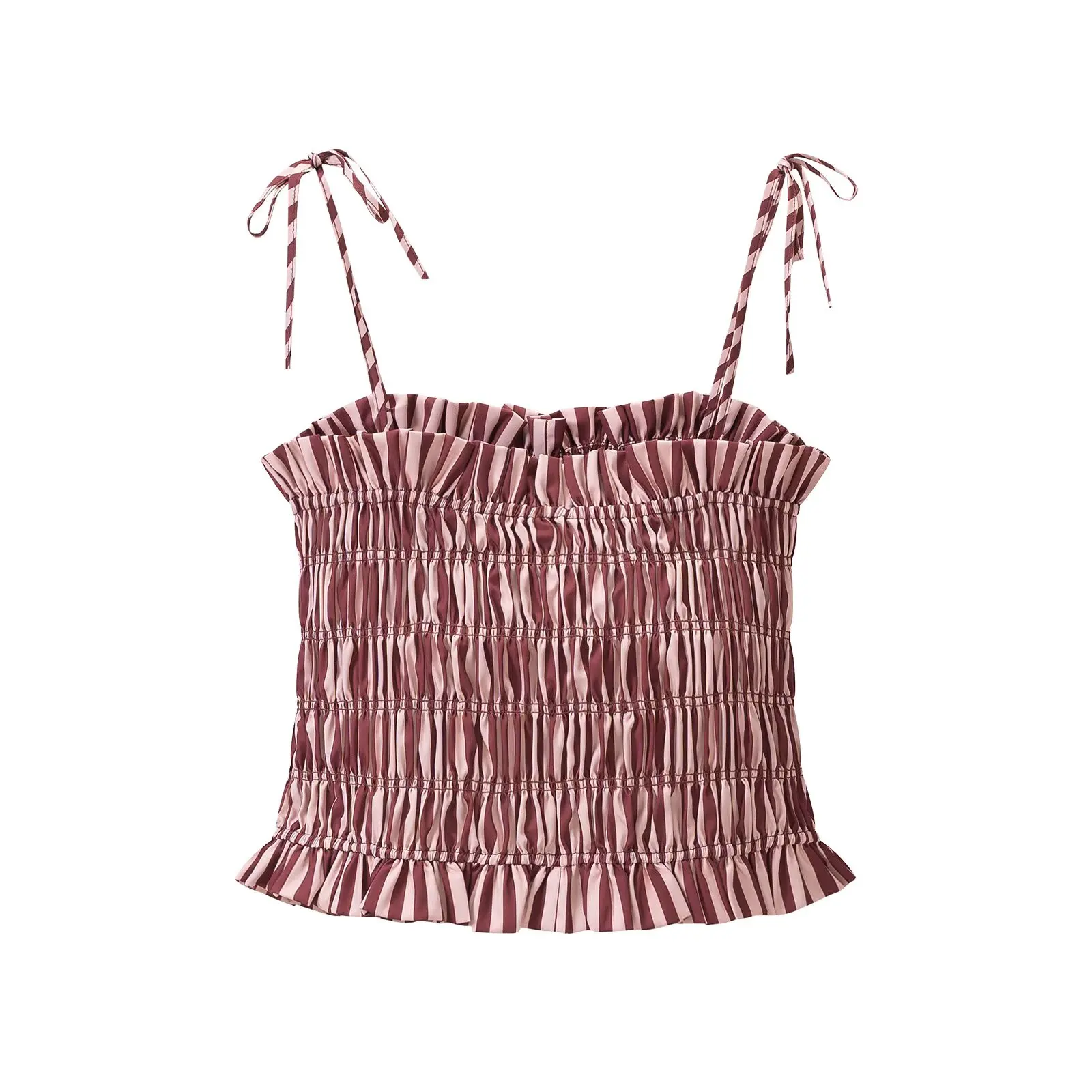 Willshela Women Fashion Striped Pleated Backless Pullover Camis Tops Vintage Thin Straps Slash Neck Female Chic Lady Crop Top