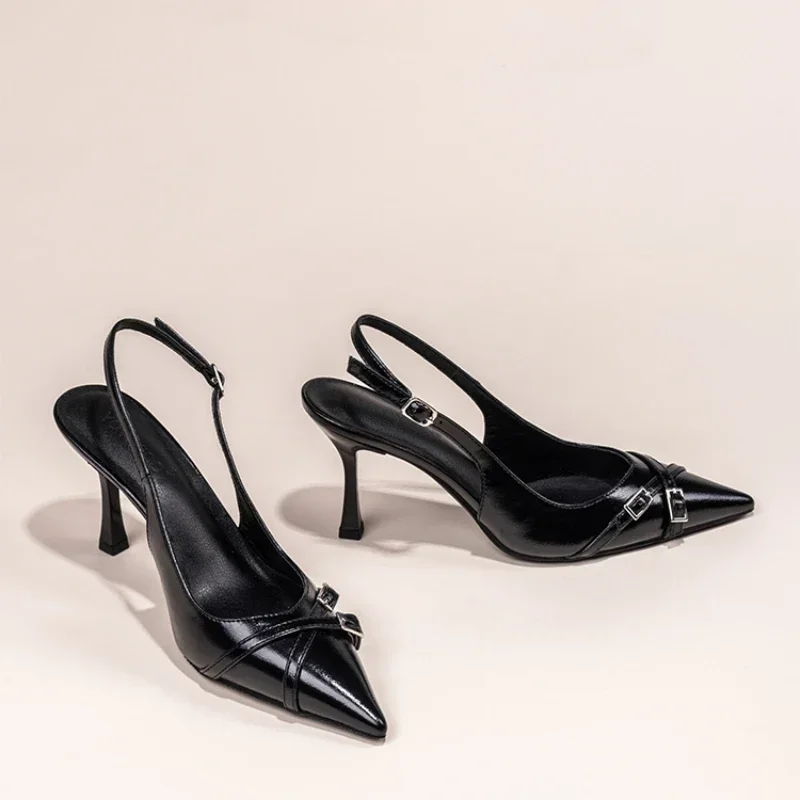 Fashionable Pointed Toe Shallow Mouth New High-heeled Shoes Summer Elegant Buckle Decorated Stiletto Black Women's Shoes