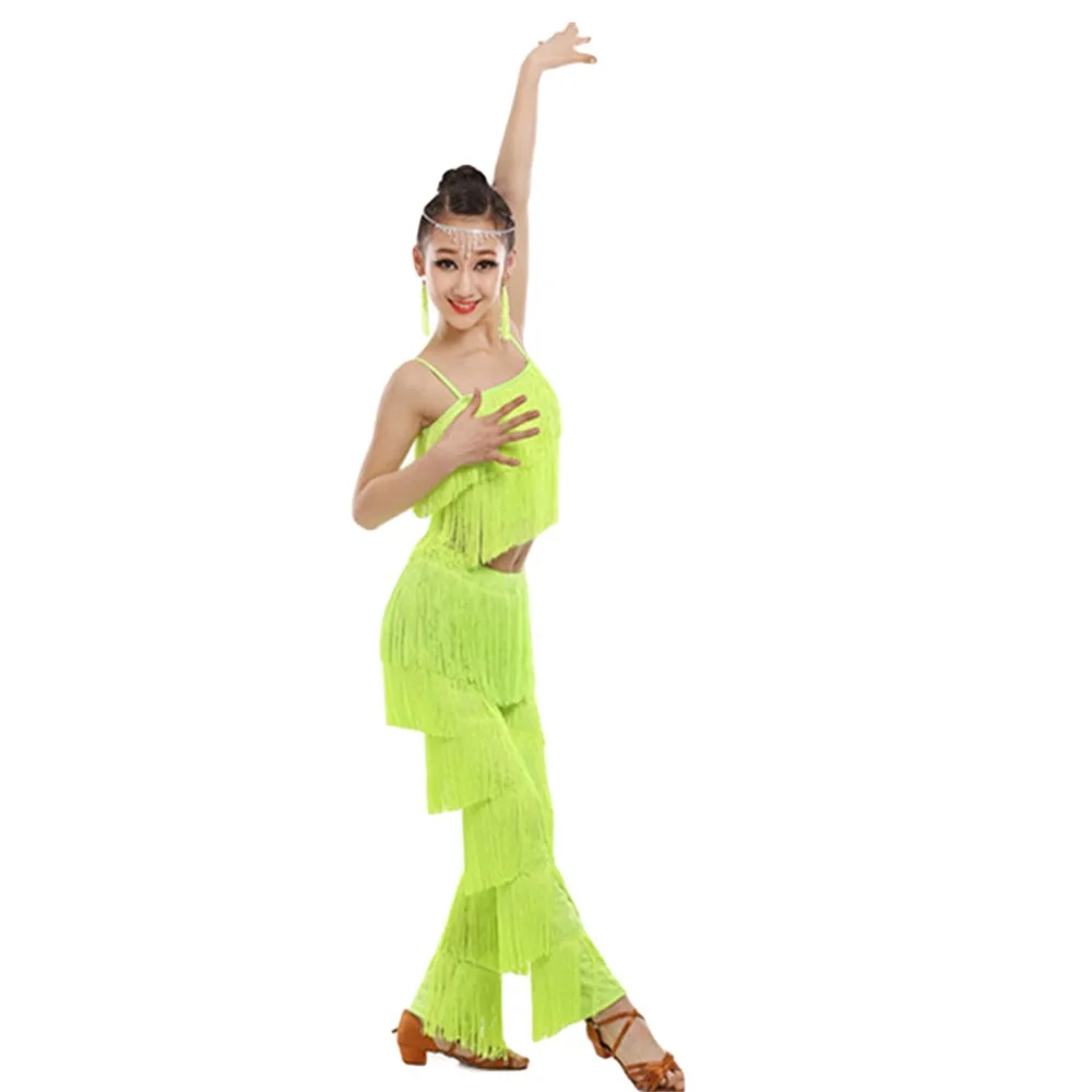 Mode Kwastje Kids Latin Dans Broekpak Broek Cha Cha Ballroom Dans Kostuum Professionele Rumba Samba Kostuum Kinderen Meisjes