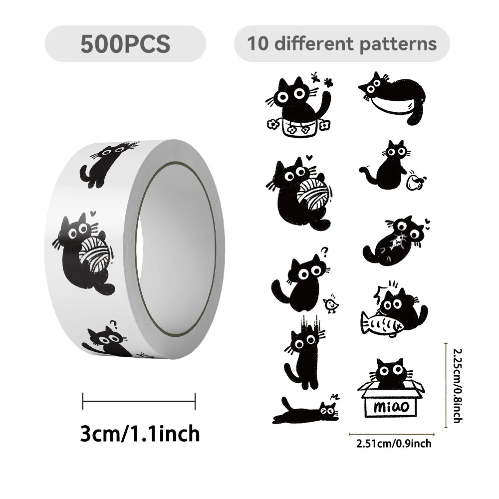 500PCS Roll Cute Black Cat Stickers, Creative DIY Graffiti Decals for Scrapbook Envelope Seal, Kids Reward Gift Wrapping Decor - view 4