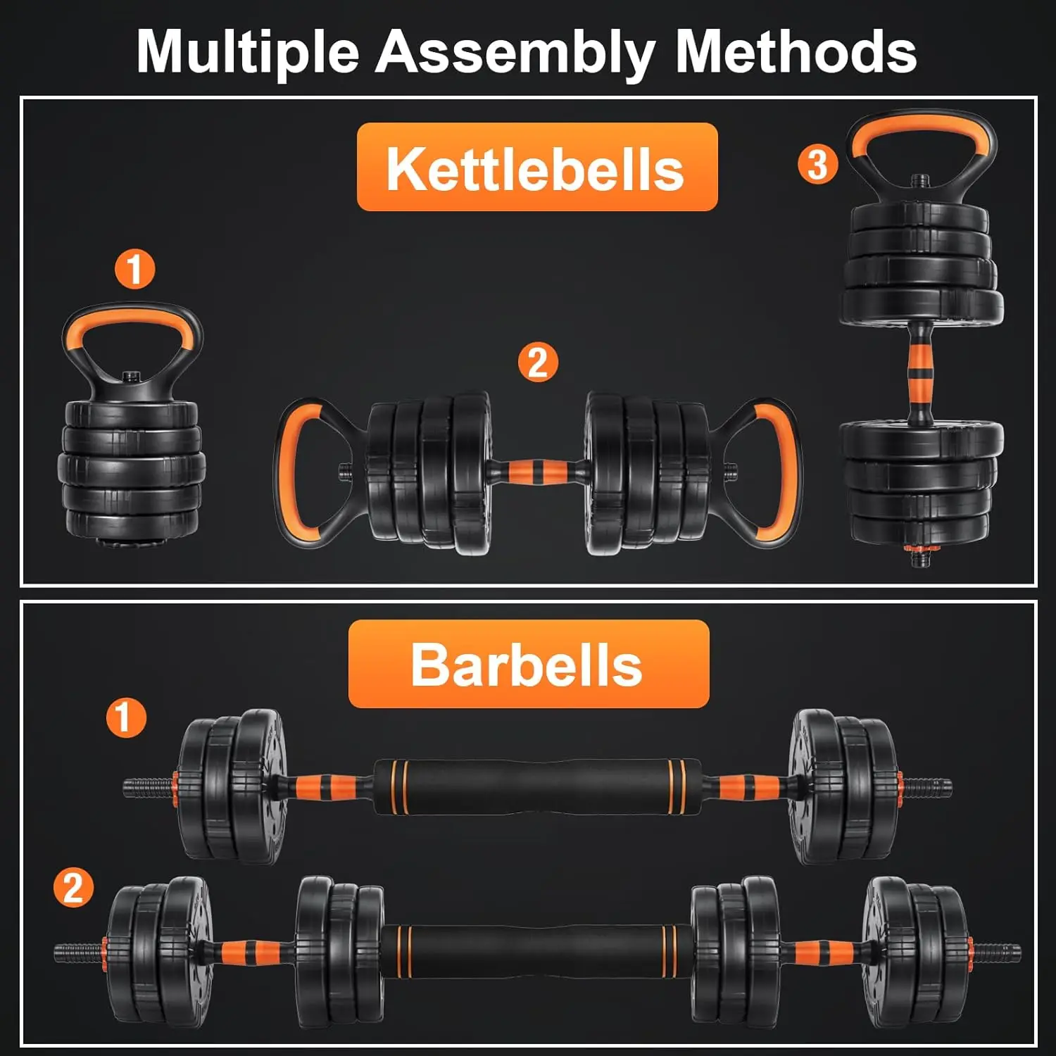 Adjustable Dumbbell Set, 22/44/66/88lbs Free Weights Dumbbells for Home Gym, 4 in 1  Barbell  Dumbbell  Kettlebell