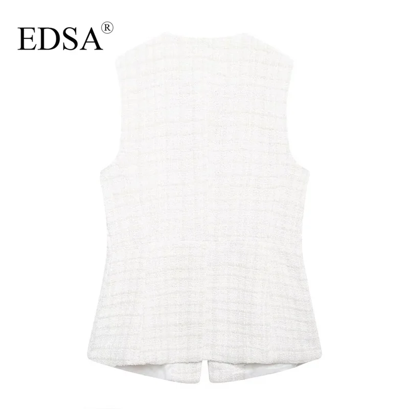 EDSA Women White Textured Waistcoat for Office Lady Long Tweed Sleeves Round Neck Gold-tone Buttons Vest Outerwear