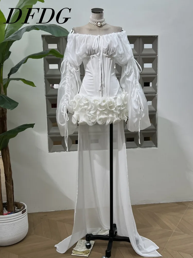 

DFDG Women’s French Off-Shoulder Waist-Cinching Evening Dress Designer Sexy Party Gown Cocktail Guest Dress Spring Summer 2025